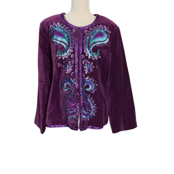 DG2 by Diane Gilman Purple Embellished Velvet Jacket Hook eye Closure NWT Large - Picture 1 of 6